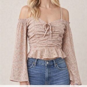 ASTR Floral Off Shoulder Crop Top Bell Sleeve Blouse Pink Small
